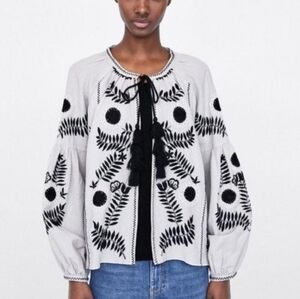 Zara Blogger White Tassel Tie Embroidered Jacket Boho Sz L